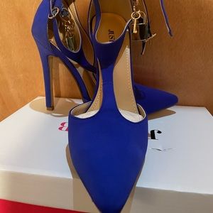 Electric blue velvet heels, 5” high